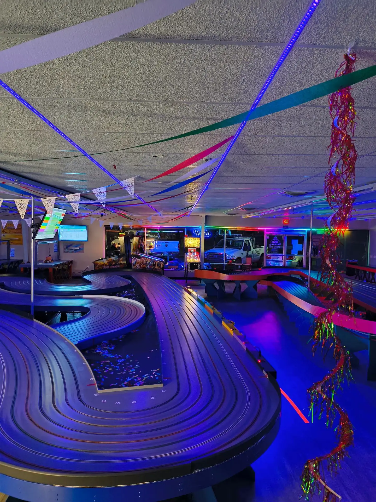 Black-light slot car track at Lanes Raceway